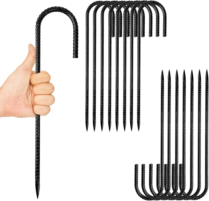 Anothera 16 Pack Steel Rebar Stakes, 12-Inch Heavy Duty J Hook Metal Fence Stake, Rustproof Ground Hooks Anchors for Tents, Plants, Fences and Trampolines