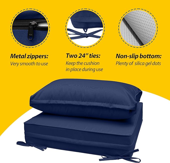 AAAAAcessories Outdoor Deep Seat Cushions, Waterproof, Fade-Resistant Patio Furniture Replacement Cushions, 25.5" x 25.5" x 5" + 25.5" x 13.5", Set of 4, Navy Blue