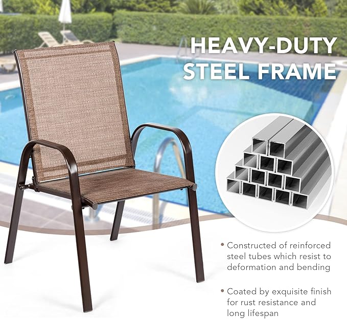 Tangkula 2 Piece Patio Dining Chairs, Outdoor Bistro Chairs W/Curved Armrests, Easy-to-Dry Fabric, Reinforced Steel Frame, Wide & Comfortable Camping Chairs for Garden, Poolside, Backyard (1, Brown)