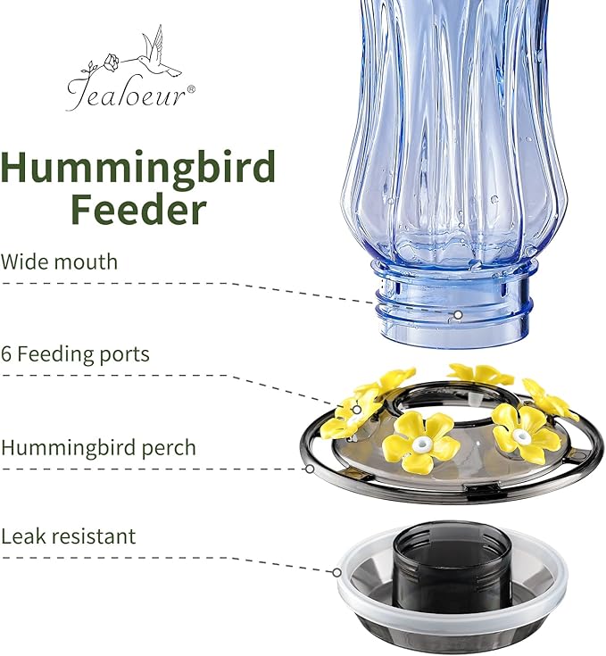 Hummingbird Feeder for Outdoors Hanging, 18 OZ Humming Birds Feeders with 6 Bee Guard Feeding Ports & Built-in Ant Moat, Easy to Clean, Durable Outdoor Garden Decor, Blue