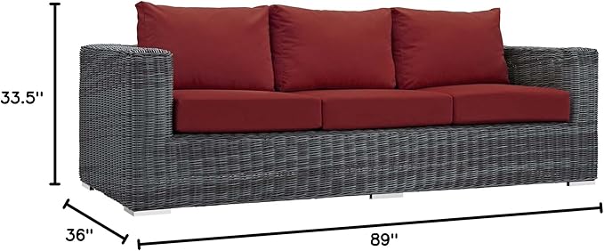Modway Summon Wicker Rattan Outdoor Patio Sunbrella Sofa in Canvas Red