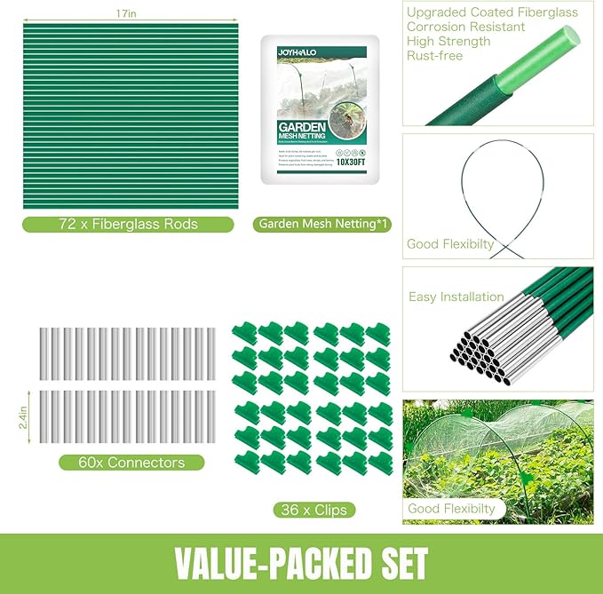 joyhalo 72pcs Garden Hoops for Raised Beds, Garden Mesh Netting Kit with 10x30 Ft Garden Net, Bird & Cicada Netting for Trees, Garden Mesh Protection for Greenhouse, Vegetable
