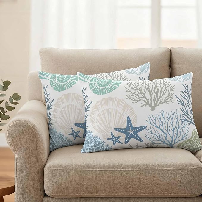 Blue Ocean Shells Coral Waterproof Pillow Covers Set of 2,Conch Starfish Marine Life Outdoor Pillow Protectors with Zipper Pillowcases for Patio Tent Garden Beach 20x12 Inches