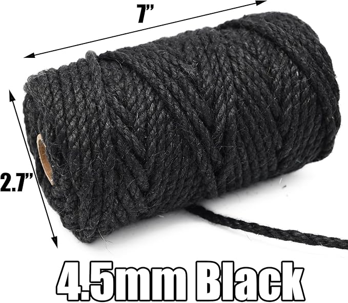 Leecogo 4.5mm Jute Rope 100 Feet Natural Craft Rope Twine String Perfect for Home Gardening Macrame Arts Crafts DIY Cat Scratching Post Replacement Repairing Recovering Cats Toy Making,Black