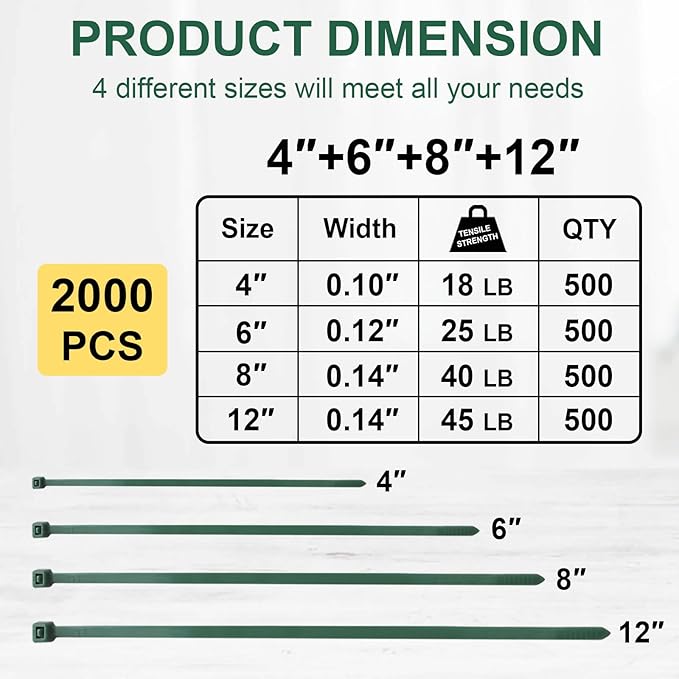 Green Zip Ties Assorted Sizes (4"+6"+8"+12"), 2000 Pack, Cable Ties UV Resistant for Garden, Plants, Fence, Holiday Lights, Yakobela