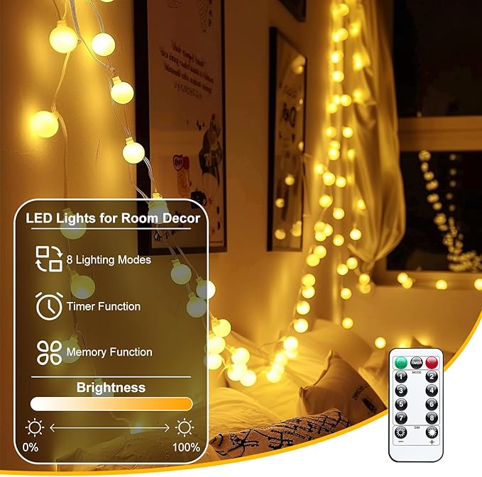 Minetom 2 Pack USB Globe String Lights for Bedroom, 32.8 Feet 100 LED USB Fairy Lights with Remote, Mini Globe Lights for Indoor Classroom Decor Dorm Tent Patio Wall Canopy Party Wedding Tree Xmas