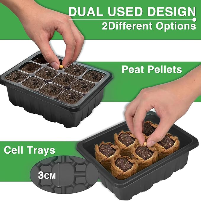 YAUNGEL Seed Starter Tray with Grow Light, 4 Pack Seed Starter Kit with Timing Controller Adjustable Brightness, Thicken Seedling Starter Trays with Humidity Domes Heightened Lids, Black