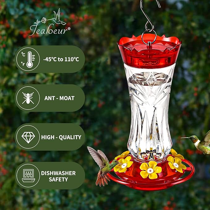 2 Pack Hummingbird Feeder for Outdoors Hanging, 18 OZ Humming Birds Feeders with 6 Bee Guard Feeding Ports & Built-in Ant Moat, Easy to Clean, Durable Outdoor Garden Decor(Clear AA)