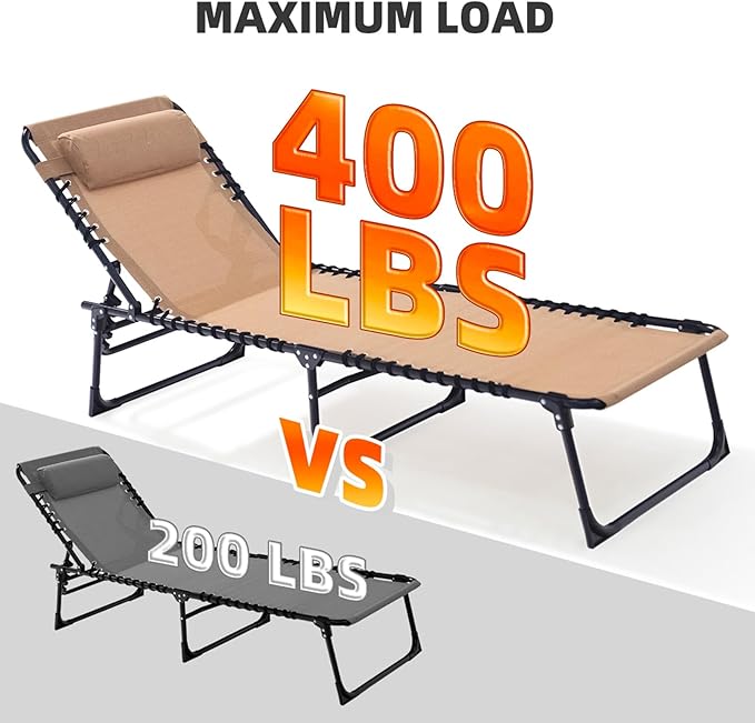 Patio Lounge Chair 2 PCS Folding Chaise Bed - Heavy-Duty 400lb Capacity Portable Adjustable Recliner w/Pillow for Pool, Camping, Sunbathing - Lay Flat Design (Beige)