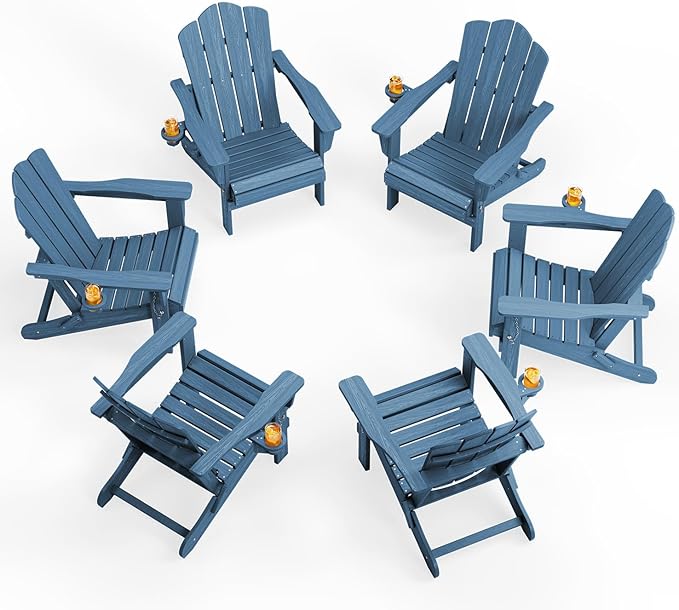 KINGYES Folding Adirondack Chair Set of 6, HDPE All-Weather Patio Chairs with Cup Holder, Wooden Textured Fire Pit Chairs for Poolside, Backyard, Deck, Navy