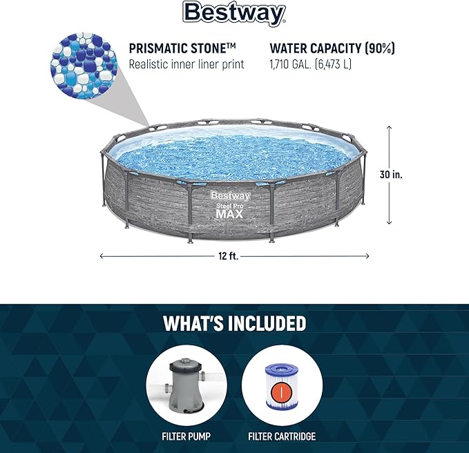 Bestway Steel Pro MAX 12' x 30" Above Ground Pool, Round Metal Frame Outdoor Swimming Pool Set with Filter Pump, Stacked Stone Print