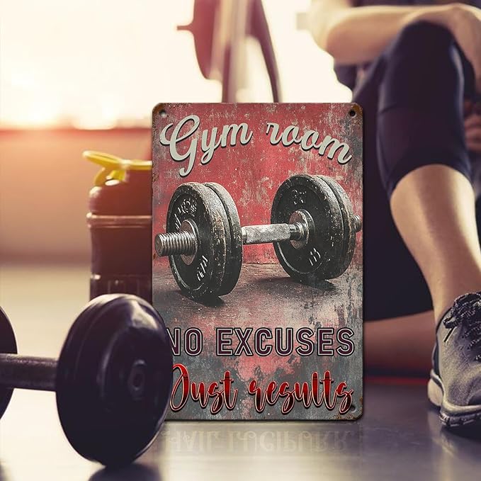 PEACHGARDEN No Excuses Just Results Gym Wall Art Vintage Tin Sign Poster for Home Gym Weightlifting Dumbbell Fitness Decor 8x12inch