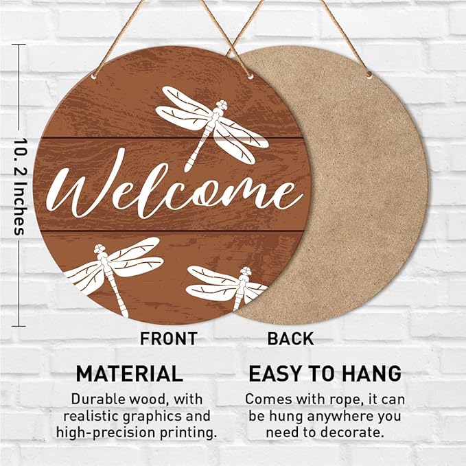 Muktoujaumai Welcome Sign Front Door Decor, Welcome Round Hanging Sign Decor Rustic Decorations Dragonfly Wall Wood Sign for Door, Porch, Home, Housewarming Gift for New House Friend Family