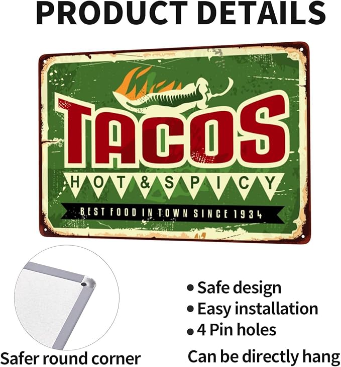 Taco Vintage Metal Tin Sign Retro Rustproof Funny Art Wall Decor Gift 8x20 Inch