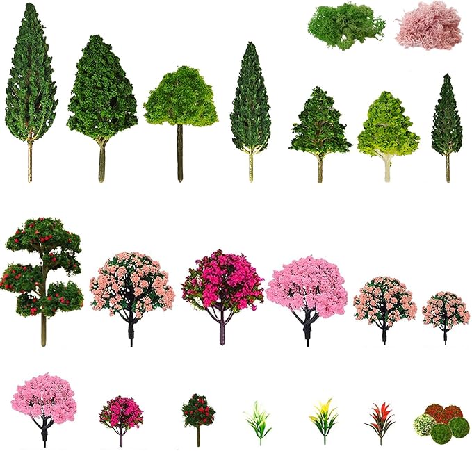 Mixed Model Trees, Model Train Scenery, 37Pcs, Miniature Trees with Moss for Building Model, Natural Green Landscape, Railroad Scenery