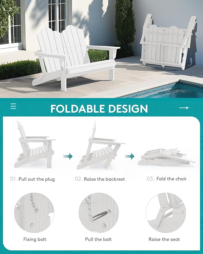 SERWALL Folding Adirondack Bench Set of 2, HDPE All-Weather 2-Person Adirondack Loveseat Bench, White