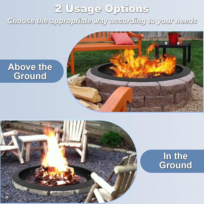 Round Outdoor Fire Pit Ring Insert 31-Inch Inner 35-Inch Outer Diameter, Heavy Duty Metal Steel DIY Firepit Liner Campfire Rings for Outside Wood Burning Above or In-Ground, Black