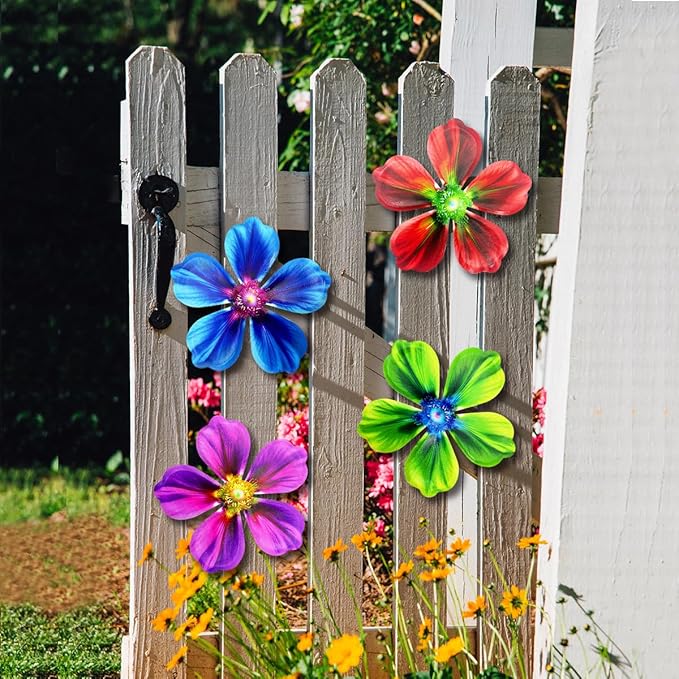 Giyyomtr Metal Flowers Wall Decor - 4pcs Metal Flower Wall Art Hanging Decorations for Outdoor Fence Garden Yard Patio Decor, Gift for Mom Friends