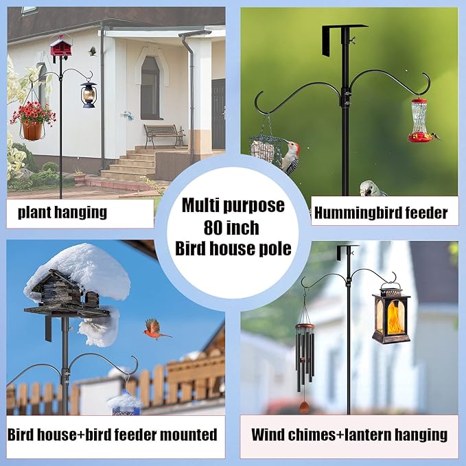 Bird House Pole Kit 80inch - Universal Metal Bird Feeders Pole Mount Set with 5-Prongs Base and 2 Hanging Arms, Feeding Station for Watching, Plant Hanger