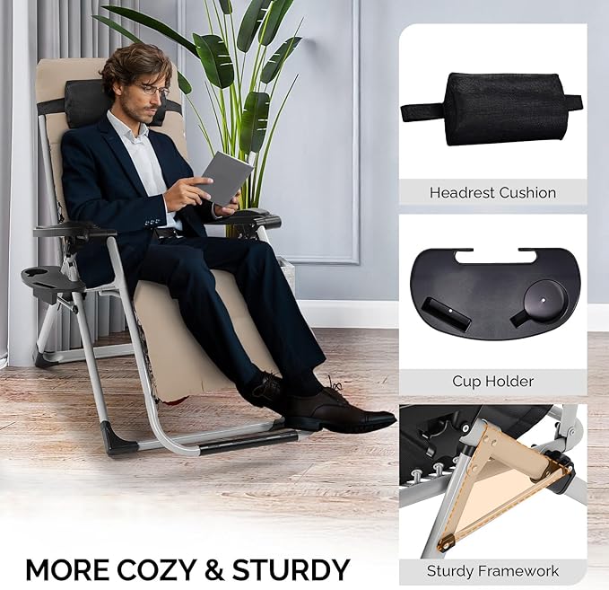 Bonnlo Padded Zero Gravity Chair, Lounge Chair Recliner Chair with Removable Cushion & Tray， Folding Reclining Patio Chairs， Recliner Chair for Lawn，Ptio Indoor and Outdoor