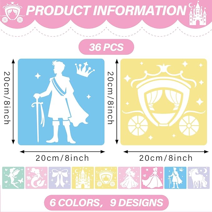 36Pcs Princess Drawing Stencils for Kids 8 Inch Reusable Fairy Sidewalk Chalk Stencil Large Fairytale Castle Stencils Princess Theme Primary Shape Template for Kids Toddlers Drawing Wall Home
