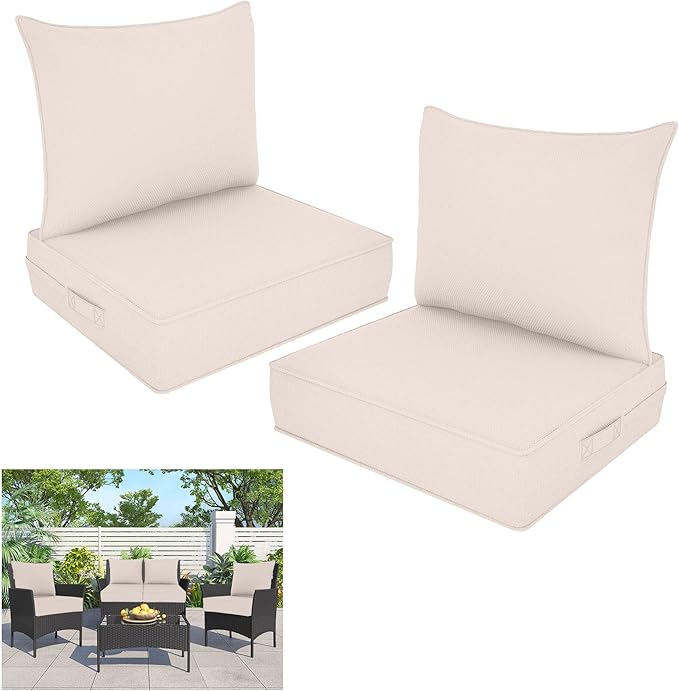 Outdoor Deep Seat Cushion Set, Fade Resistant Patio Chair Cushions, 24x24x6 Inch Patio Sofa Furniture Pad with Removable Cushion Covers (Beige, 24''Lx24''Wx6''H-2pcs Set)