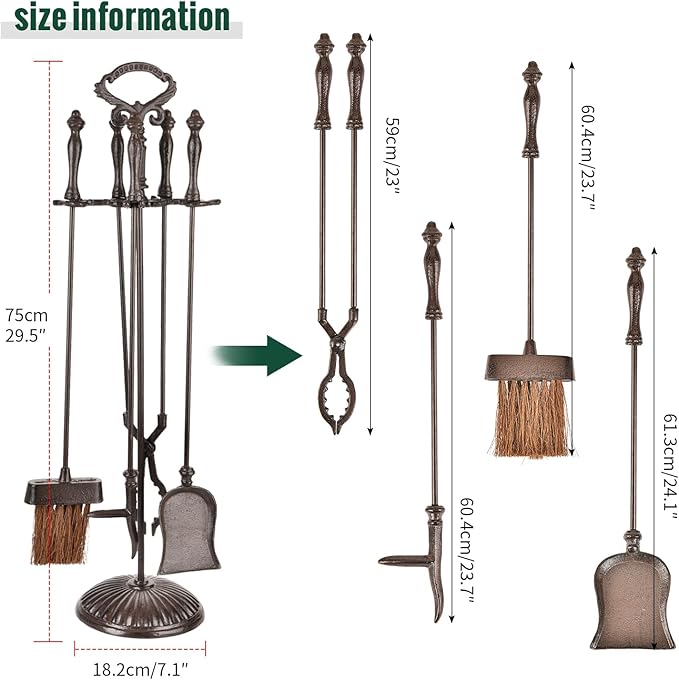 Sungmor Heavy Duty Cast Iron Fireplace Tools Set – 5 Piece Fire Tools with Stand, Fireplace Accessories for Wood Stove, Indoor Outdoor Fire Pit & Hearth