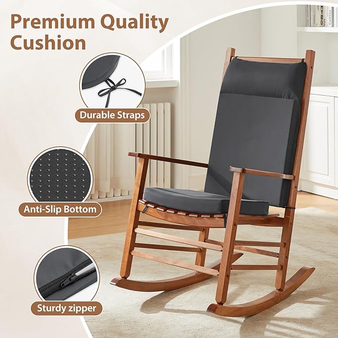 Waterproof Rocking Chair Cushions Outdoor & Indoor, Wooden Rocking Chair Pads set of 2, Non-Slip Large Glider Rocker Replacement Cushions with Pillow & Ties,Seat & Back Cushion for Rocker Grey