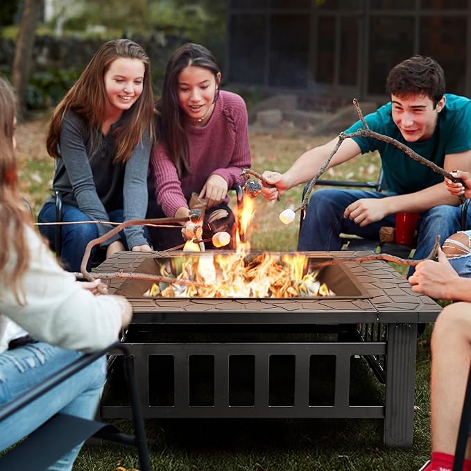ZENY 32 inch Outdoor Fire Pit with Grill for Outside Wood Burning, Square Metal Outside Fireplaces, Spark Screen and Poker Included for Backyard Patio Camping Bonfire