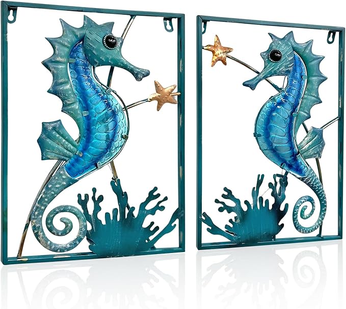 LIFFY Metal Wall Art Seahorse with Frame 13 LED lights,Beach Decor Fish Glass Sculpture Coastal Wall Hanging Ocean Theme Nautical Outdoor Decor for Patio,Garden,Yard,Pool,home gift(2pcs, Blue)