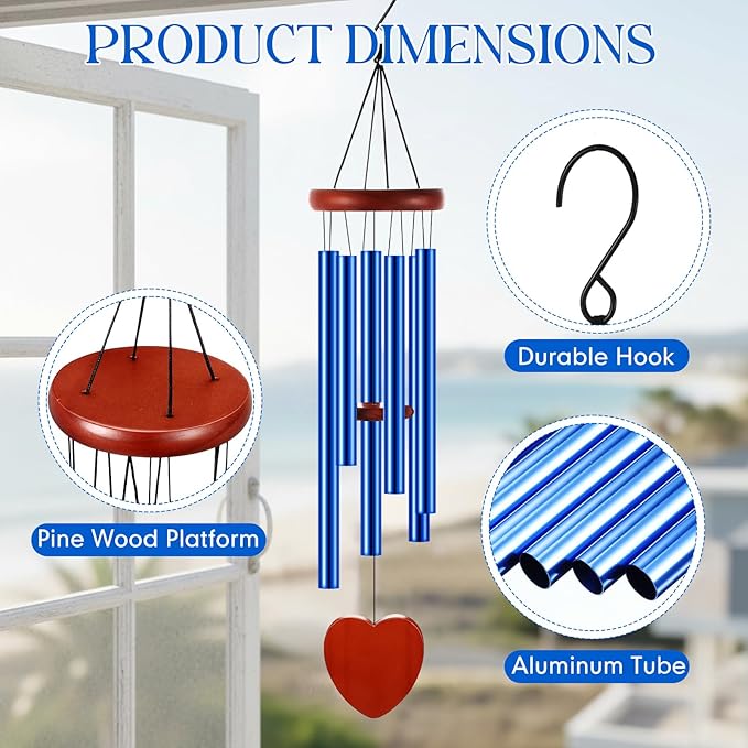 Leinuosen Wind Chimes for Outside Wind Chimes Outdoors Deep Tones 28" with 6 Aluminum Tubes Memorial Sympathy Windchime for Valentine Tree Decor Garden Courtyard Mom Loved One Gifts(Heart,Blue)