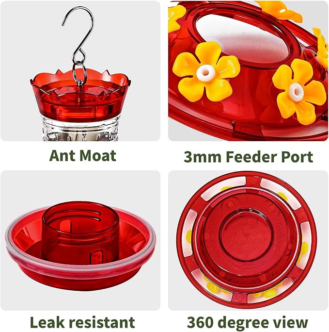 Hummingbird Feeder for Outdoors Hanging, 18 OZ Humming Birds Feeders with 6 Bee Guard Feeding Ports & Built-in Ant Moat, Easy to Clean, Durable Outdoor Garden Decor(Clear B 1 Pack)