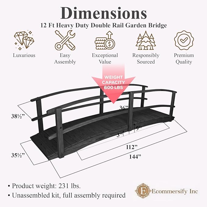 12 FT Black Amish Made Garden Bridge with Double Rails for Walkway, Backyard Pond & Landscaping, Outdoor Wooden Footbridge for Koi Pond, Japanese Style Decorative Bridge, Made in USA