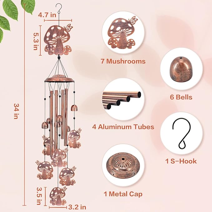 Mushroom Wind Chimes Outdoor Mushroom Gifts for Women Mom Men Dad Unique Birthday Gifts Metal WindChimes for Outside/Indoors, Patio, Lawn, Yard, Home Decor, Outdoor Decor, Garden Decorations
