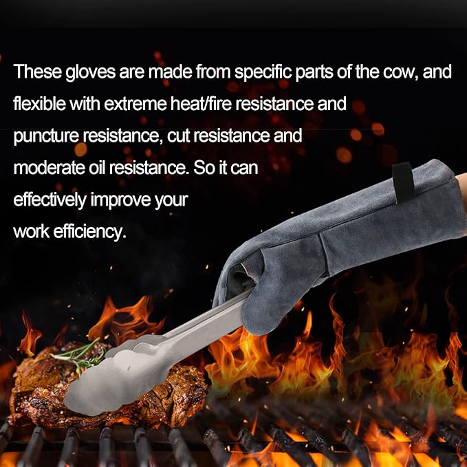 HITBOX Extreme Heat & Fire Resistant Gloves with Kevlar Stitching 16 ‘’ 932℉ Leather Fire Gloves for Arc Tig Mig Wood Stove Oven BBQ Grill Pot Holder Barking Animal Handling – Free Size for Men Women