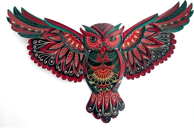 LIFFY Boho Metal Owl Wall Decor - Unique Outdoor Wall Art Decoration - 15" Glass Hanging Wall Owl Decor Brighten Up Patio, Porch or Door, Garden Decoration, Birthday Gift Ideas