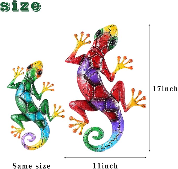 2 Piece Metal Gecko Wall Decor, Lizard Outdoor Wall Art,Colorful Gecko Wall Art Hanging Indoor and Outdoor, Patio Garden Fence Home Decor (17 inch)