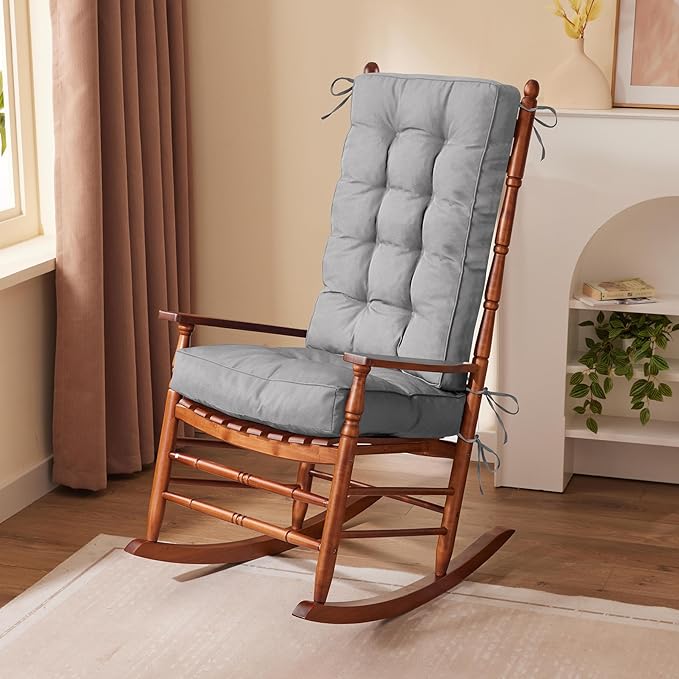 Rocking Chair Cushion, Waterproof and Fade-Resistant Patio Chair Cushions, Tufted Chair Pads for Rocker Furniture, 18x18 Inch, Indoor/Outdoor Seat Cushions with Ties, Light Grey