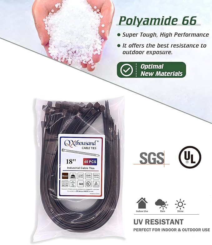 Cable Ties 18 Inch, Brown Zip Ties 40 Pieces, Thick 0.35 inch 175 Pounds Strength, Heavy Duty Outdoor Plastic Ties for Indoor Plants, Garden, Home