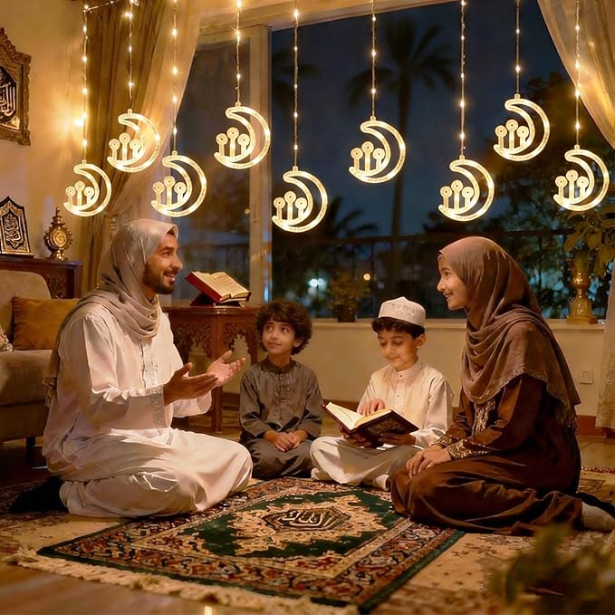 Vigdur Moon Ramadan Curtain Lights, 120 LEDs Warm White Eid Mubark Ramadan Curtain Fairy Lights with Remote & 8 Lighting Modes, Ramadan Decoration Lights for Home Holiday Eid Decorations(10FT)