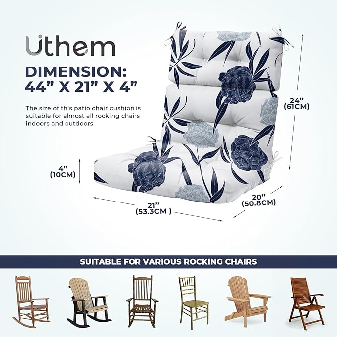 Rocking Chair Cushion, Waterproof Chairs Cushions for Adirondack Chairs Patio Chair High Back Thicked Cushions Outdoor and Indoor with Ties, Blue Enchantress