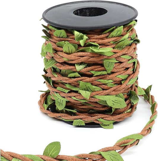 33ft Waxed Twine with Green Leaves, 3-ply Waxed Cord, Artificial Leaves Waxed String for Crafts and Decor (Light Brown Waxed Twine)