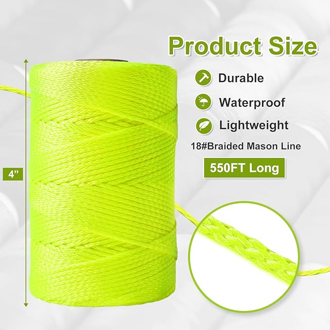 Mason Line String Line,550 Ft Length Nylon Twine,18 Braided Nylon String for Gardening Or Masonry Tools,Twine String for Gardening,Yellow