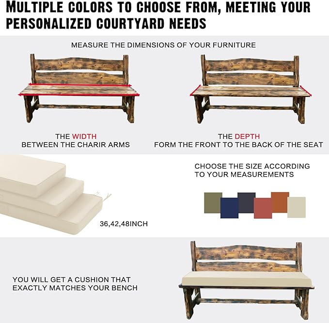 Outdoor Bench Cushion 4 inches Memory Foam Waterproof Patio Furniture Bench Cushion Porch Swing Cushion with Handle and Adjustable Strap, 48 x 18 Inch Cream