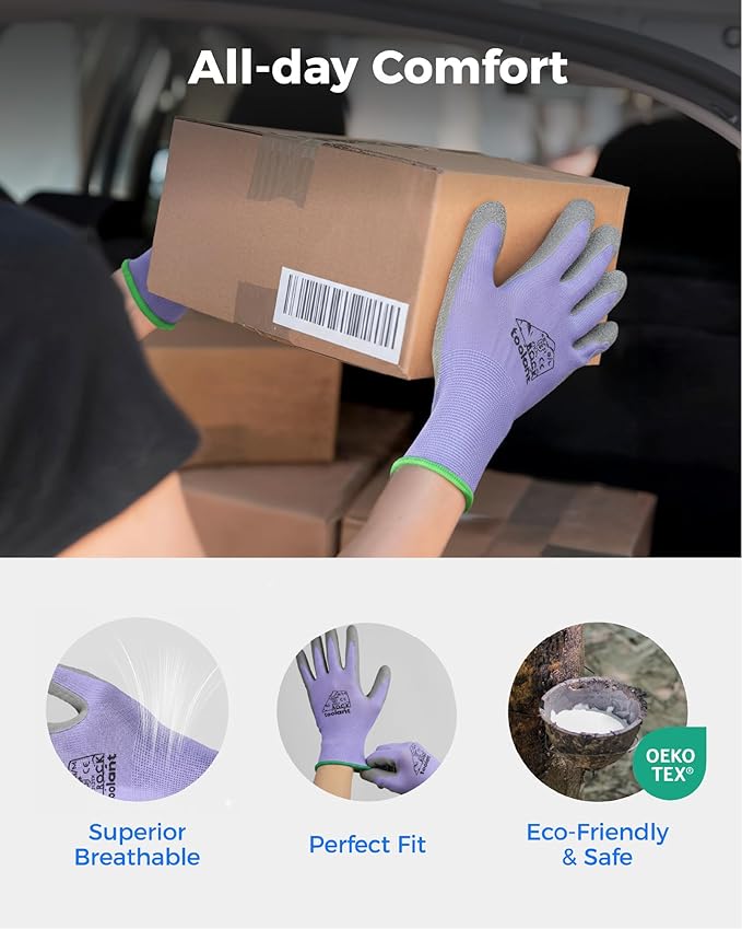 toolant Crinkle Latex Work Gloves Bulk, Rubber Coated Safety Work Gloves for Men and Women, 12 Pairs for Construction, Gardening, Warehouse (Purple & Yellow, X-Large)
