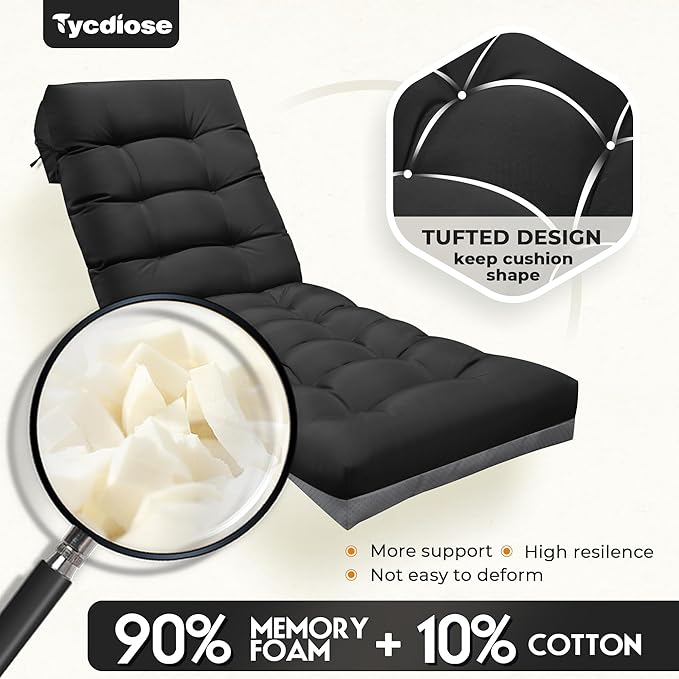Outdoor Lounge Chair Cushion, Waterproof Replacement Chaise Lounge Cushions for Outdoor Furniture Thickened 71 x 22 x 4.7 Inches Non-Slip Patio Pool Lounge Chair Cushions with Ties (Black)
