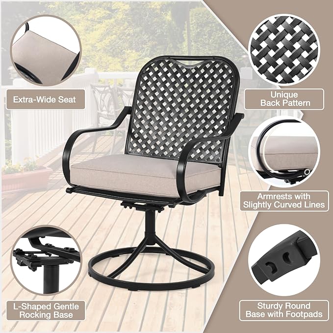 MELLCOM 5 Pcs Outdoor Dining Set, 4 Swivel Rocker Chairs with Thick Cushions & Square Dining Table with Umbrella Hole, Patio Furniture Set for Porch, Beige