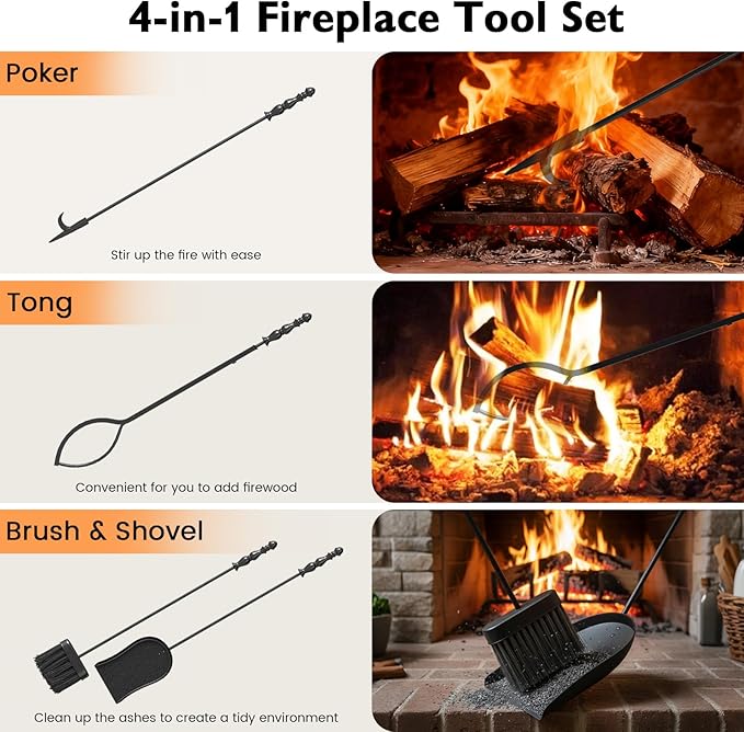 Tangkula 5-Pieces Fireplace Tool Set, 4-in-1 Indoor Outdoor Fire Place Set Tools with Poker, Tongs, Brush, Shovel and Round Stand, Metal Firepit Tool Set with Aluminum Handles, Black