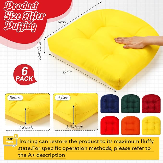 Thyle Outdoor Chair Cushions Set of 6 Waterproof Sun Protection Square Tufted Overstuffed Patio Furniture Seat Cushion for Patio Furniture Dining Indoor 19" x 19" (Bright)