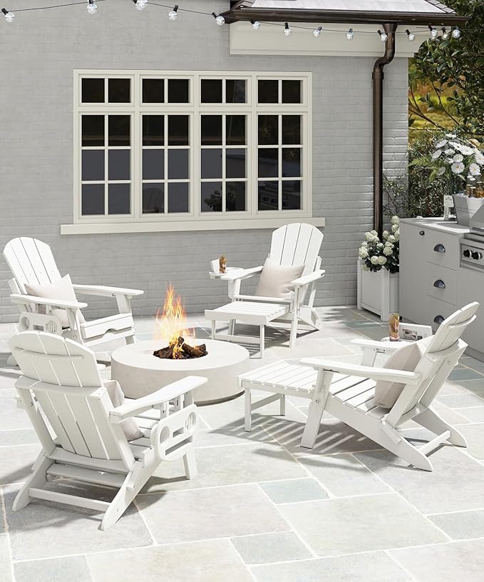 Adjustable Adirondack Chair with Retractable Ottoman Set of 8, HDPE Folding Adirondack Chair with Cup Holder, All Weather Fire Pit Chair for Outdoor.